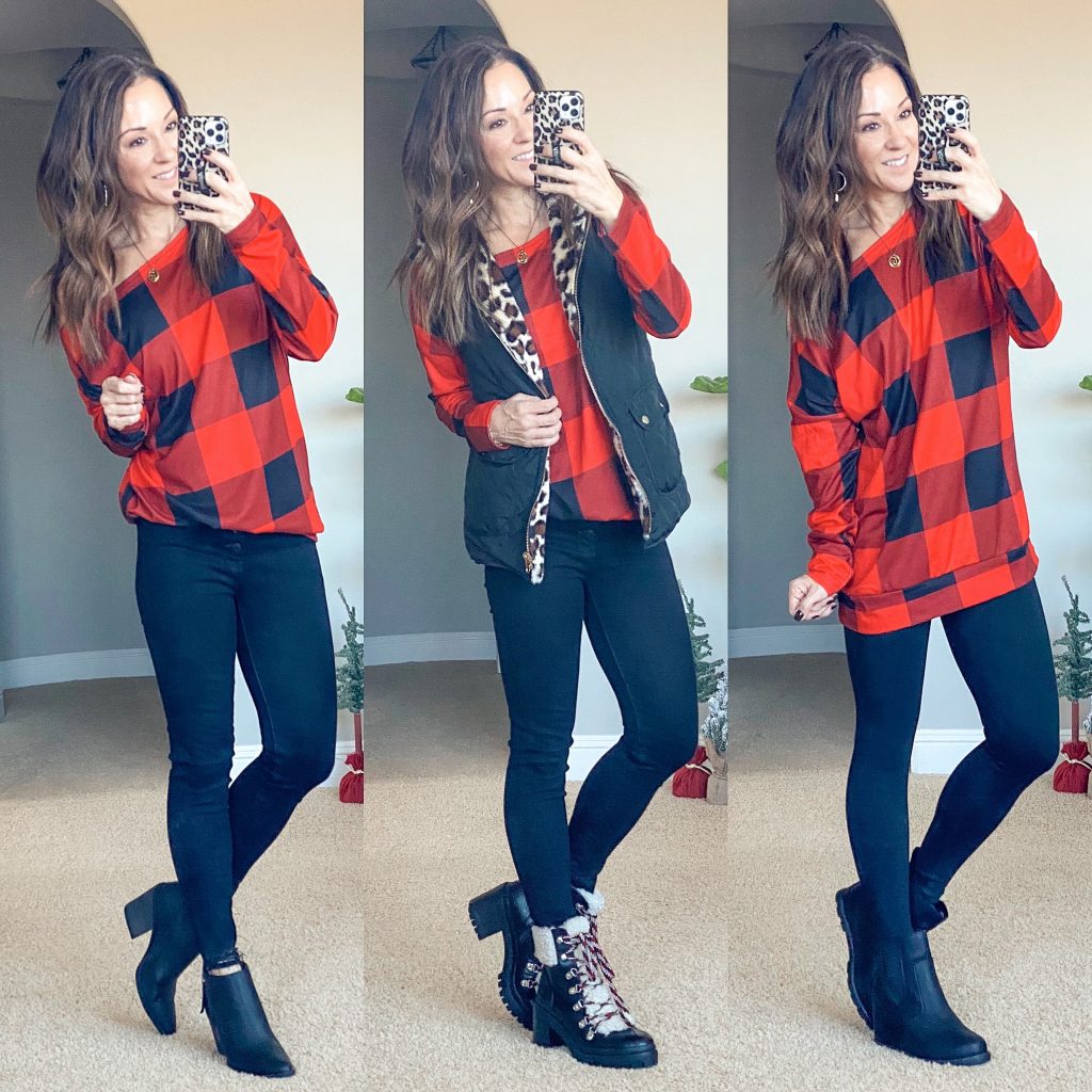 buffalo plaid off the shoulder tunic top // winter style // casual outfits