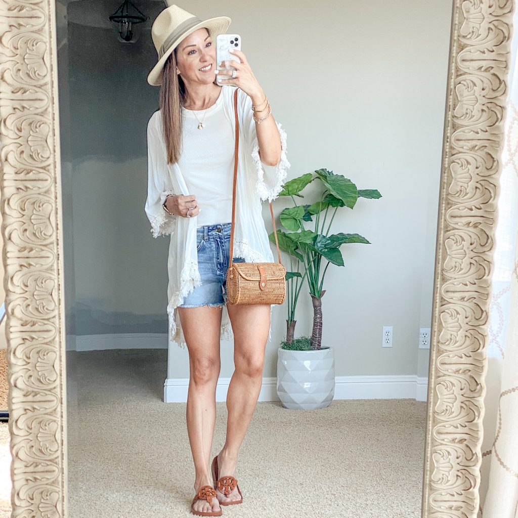 summer outfit idea, kimono, summer style, over 40 summer style