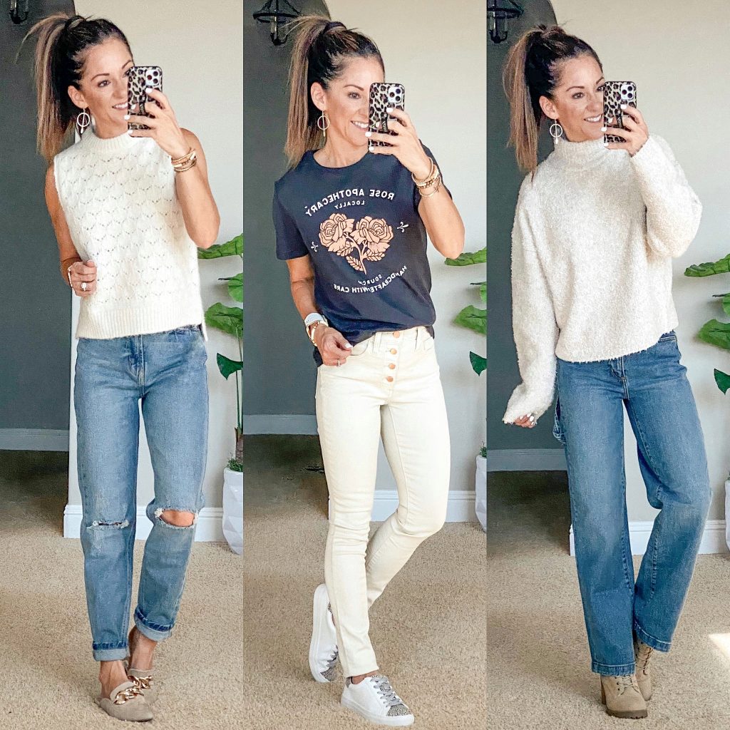 Target casual Fall outfit ideas, sweaters, jeans, skinny jeans, petite fall style, sweater vest, high waisted jeans