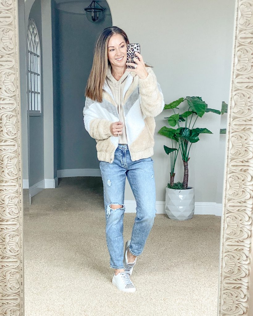 cozy sherpa jacket, boyfriend jeans, sneakers 