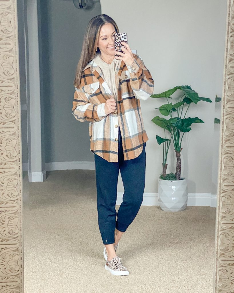 winter shacket outfit idea // plaid shacket // joggers