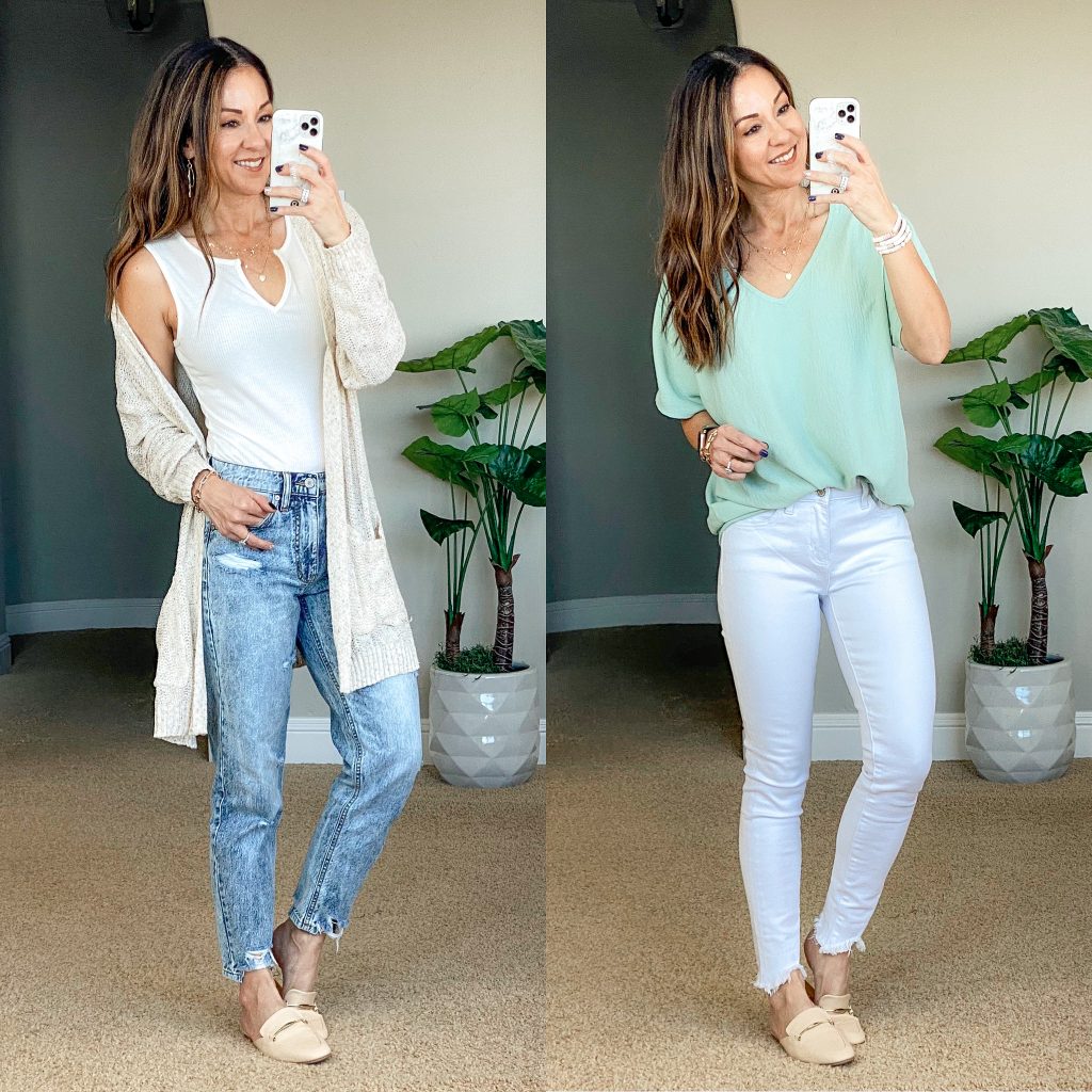 Spring style outfit ideas petite over fashion sage green, cardigan, acid-wash Jeans