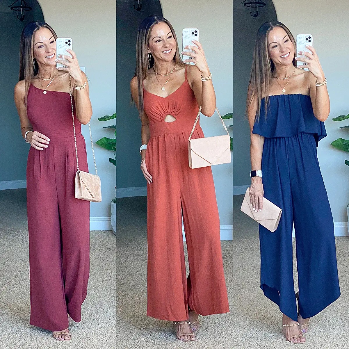 wedding guest attire, wedding guest dresses, wedding guest outfits, one shoulder jumpsuit, pantsuit, long jumpsuit, maroon colored jumpsuit, rust jumpsuit, spaghetti strap jumpsuit, blue jumpsuit, strapless jumpsuit, flowy jumpsuit, flowy attire 