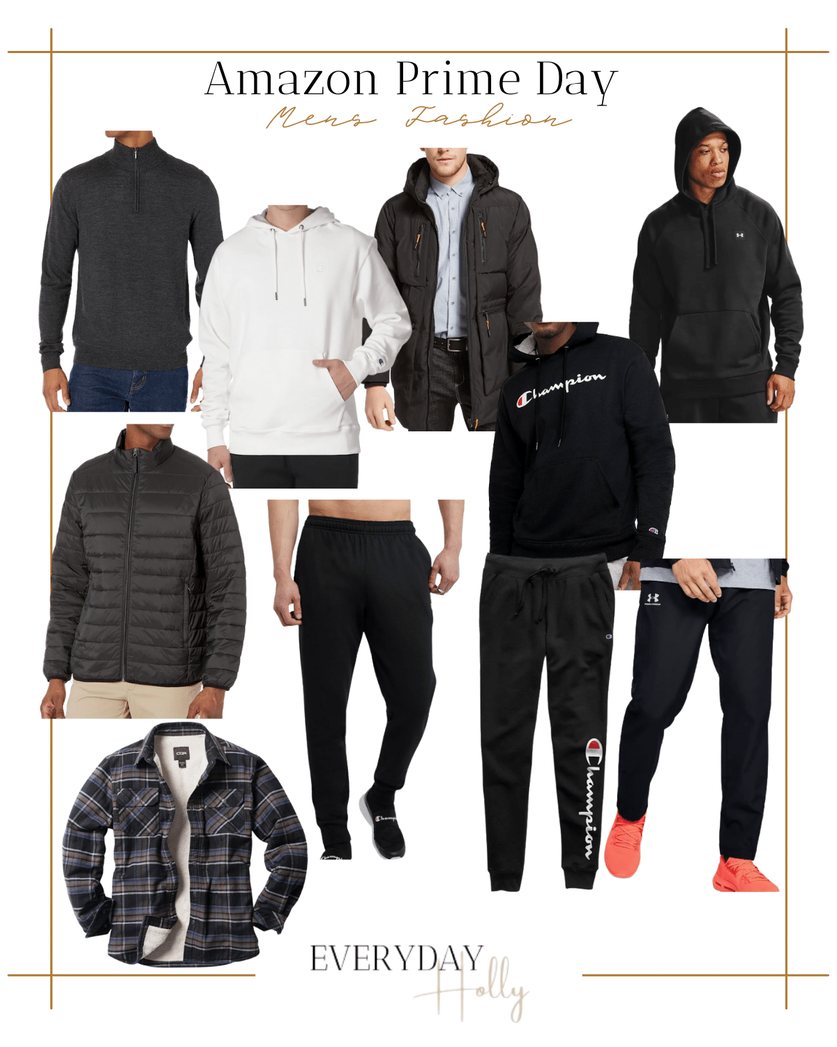 amazon mens fashion, half zip dark gray pullover, white hoodie, black long puffer coat, under armour hoodie, black puffer jacket, black joggers, champion hoodie, champion joggers, under armour workout pants, plaid flannel 