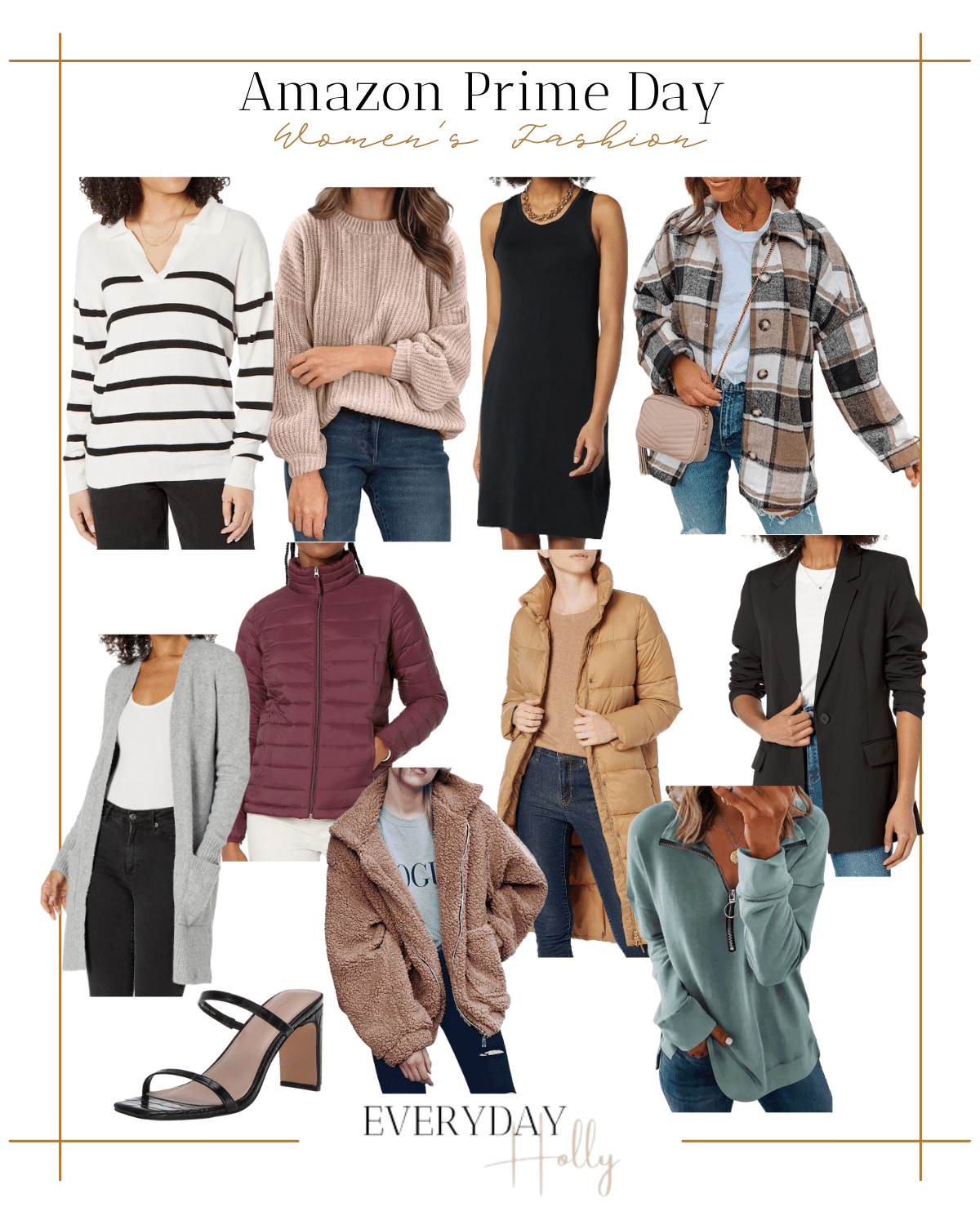 womens fashion, white & black striped sweater, cream oversized sweater, black dress, brown & black shacket, gray long cardigan, burgundy puffer jacket, tan long puffer coat, black blazer, black strap heels, brown shaggy zip up jacket, teal half zip pullover 