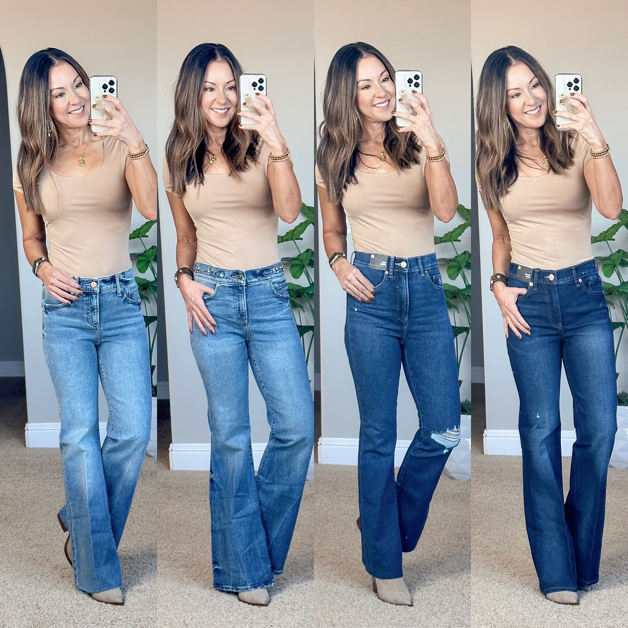 tan bodysuit, express fashion, blue jeans, flare jeans, lightwash to dark wash flare jeans