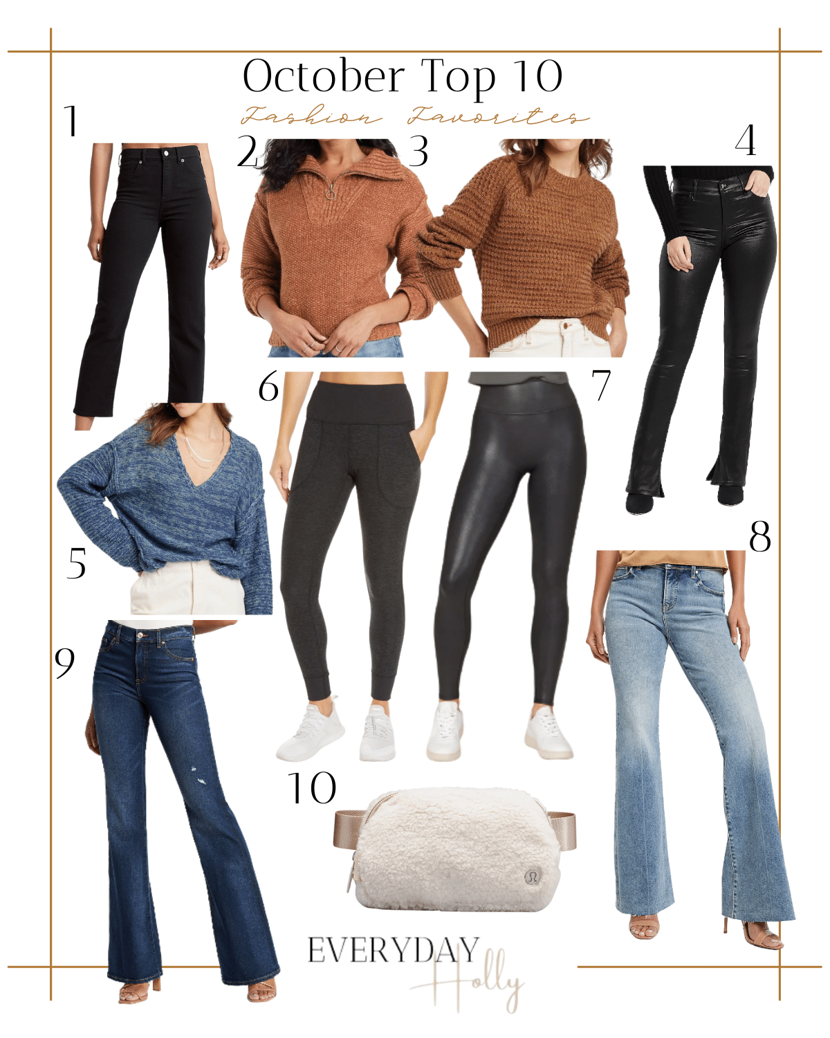 LTK Fashion items, black straight leg jeans, orange half zip pullover, orange sweater, black shiny skyscraper jeans, blue v neck sweater, soft pocket leggings, faux leather leggings, light wash flare jeans, dark blue flare jeans, cream fleece crossbody bag 