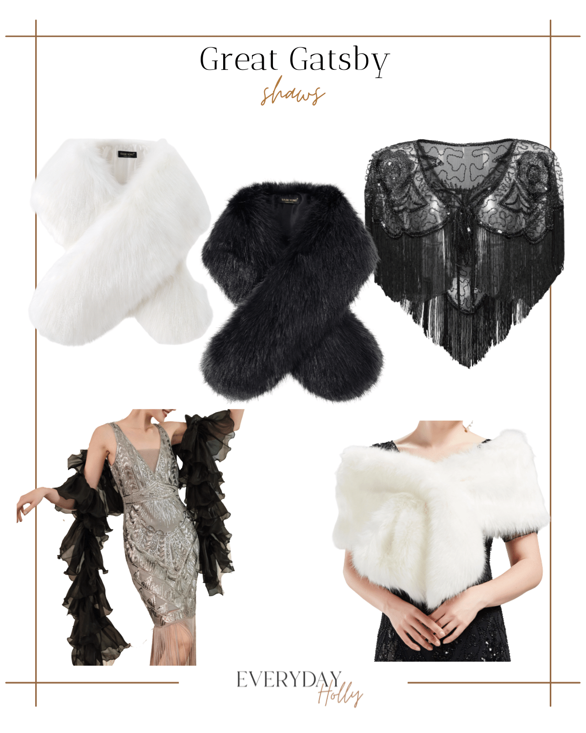 white fur shaw, black fur shaw, black lace fringe shoulder shaw cover up, black ruffle boa, white across the shoulder tie shaw 