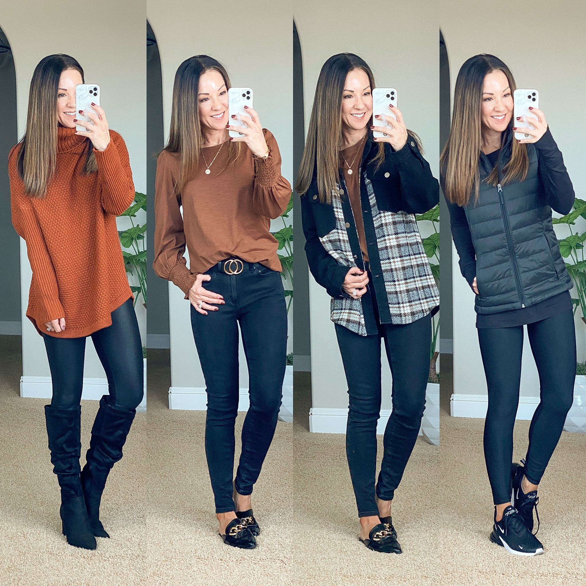 top 10 fashion items, holly wearing fashions, orange sweater, faux leather leggings, black boots, brown bell top shirt, black jeans, black belt, loafer, black and plaid shacket, black jeans, black puffer vest, legging 