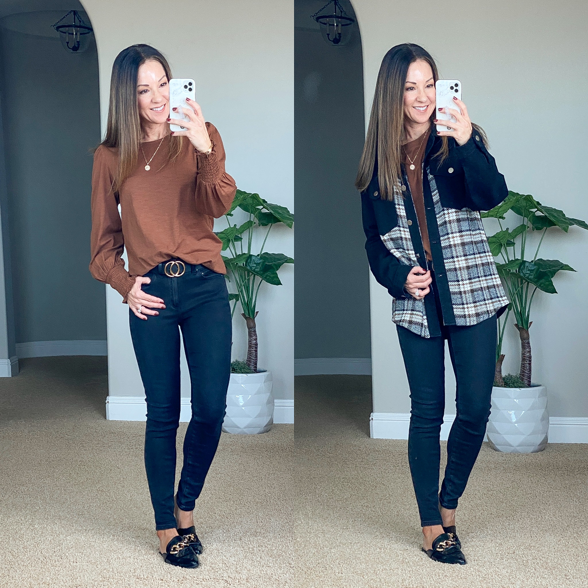 GHVHVDN1343028 image, top 10 november fashions, brown bell sleeve top, black jeans, mules, black belt, black plaid shacket, 