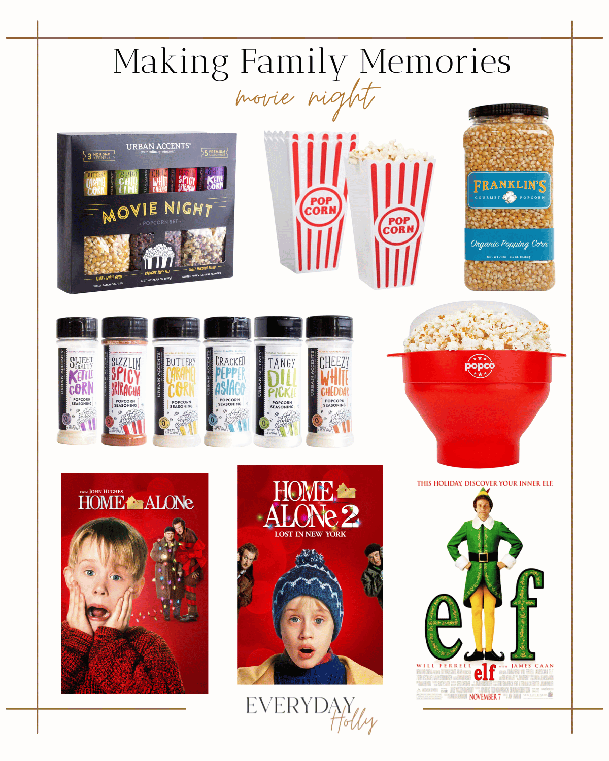 family memories, movie night, christmas activities, popcorn kit, popcorn containers. franklin popcorn kernels, popcorn spices, popcorn popper microwavable, home alone movie, home alone 2 movie, elf movie 