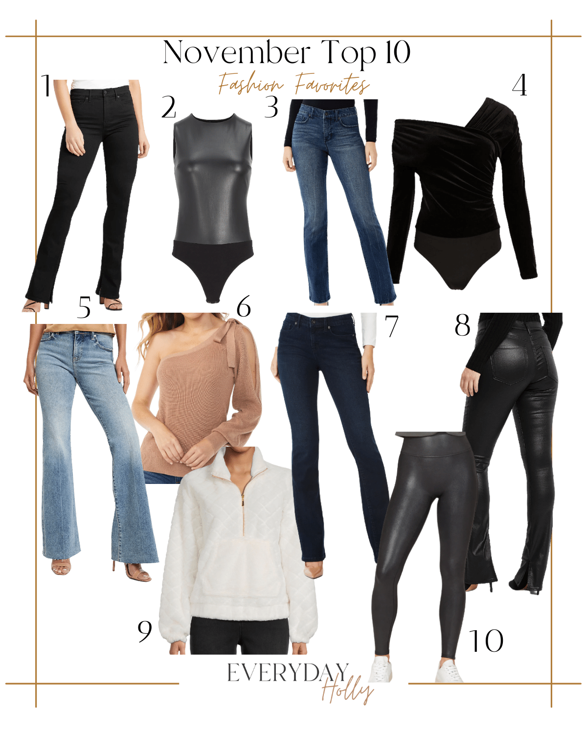 november fashion favorites, top 10, express black jeans, faux leather bodysuit, jeans, velvet bodysuit, flare jeans light wash, one shoulder blouse, dark blue jeans, skyscraper faux leather pants, fuzzy pullover, faux leather leggings