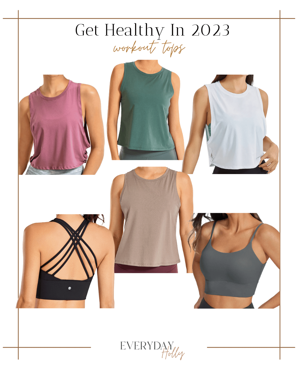 workout tops, get healthy in 2023, pin tank, green tank, white tank, black sports bra, taupe tank, gray sports bra 