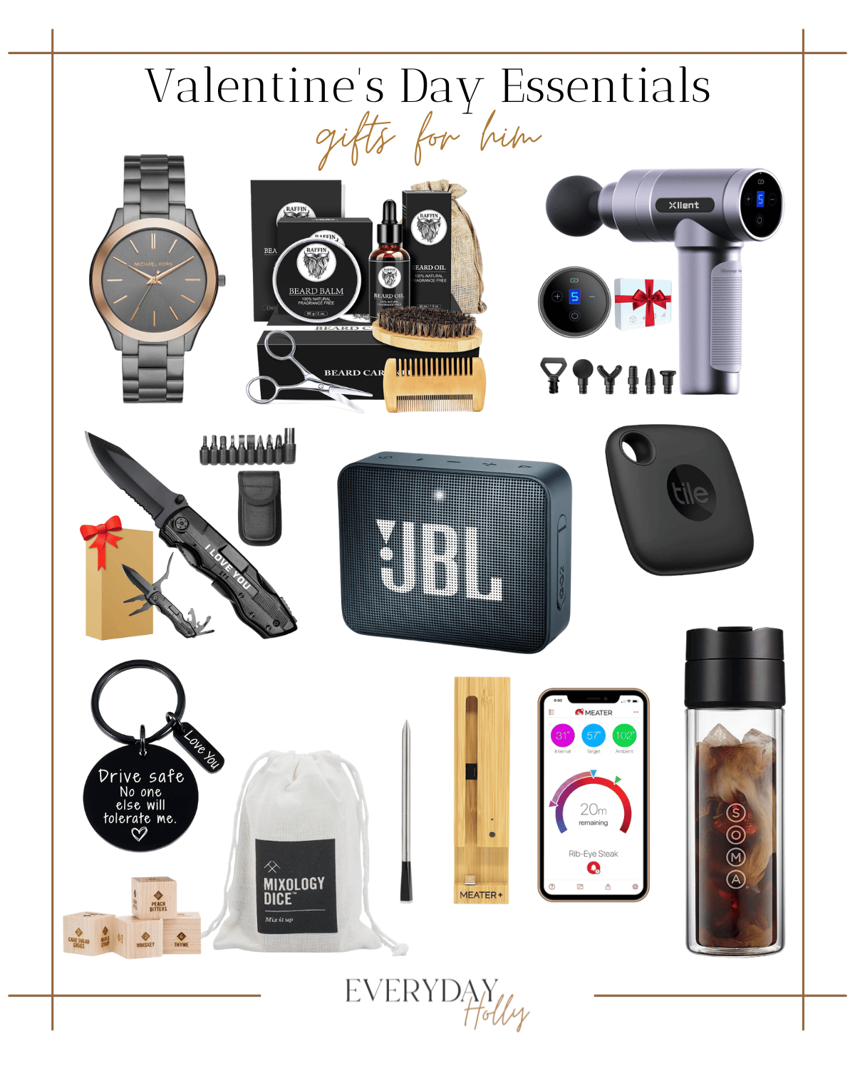 valentines day, gifts for him, gift guide, michael kors watch, beard kit, massage gun, pocket knife, jbl speaker, tile tracker, keychain, mixology dice, smart thermometer, water bottle 