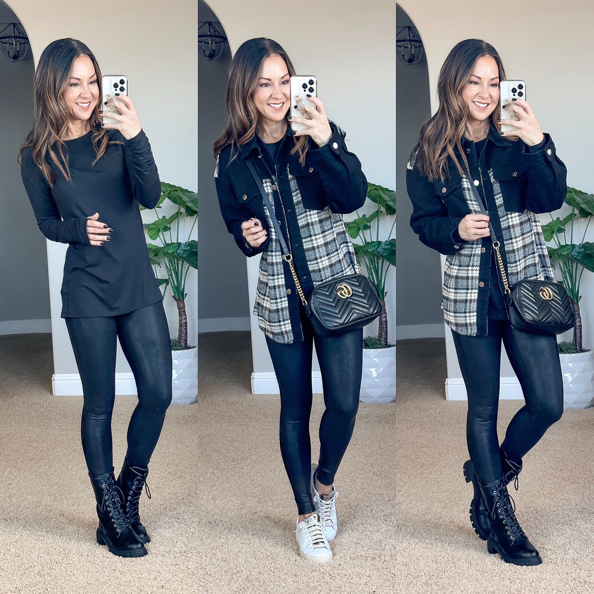 shacket, black plaid shacket, leggings, faux leather leggings, top 22 picks 