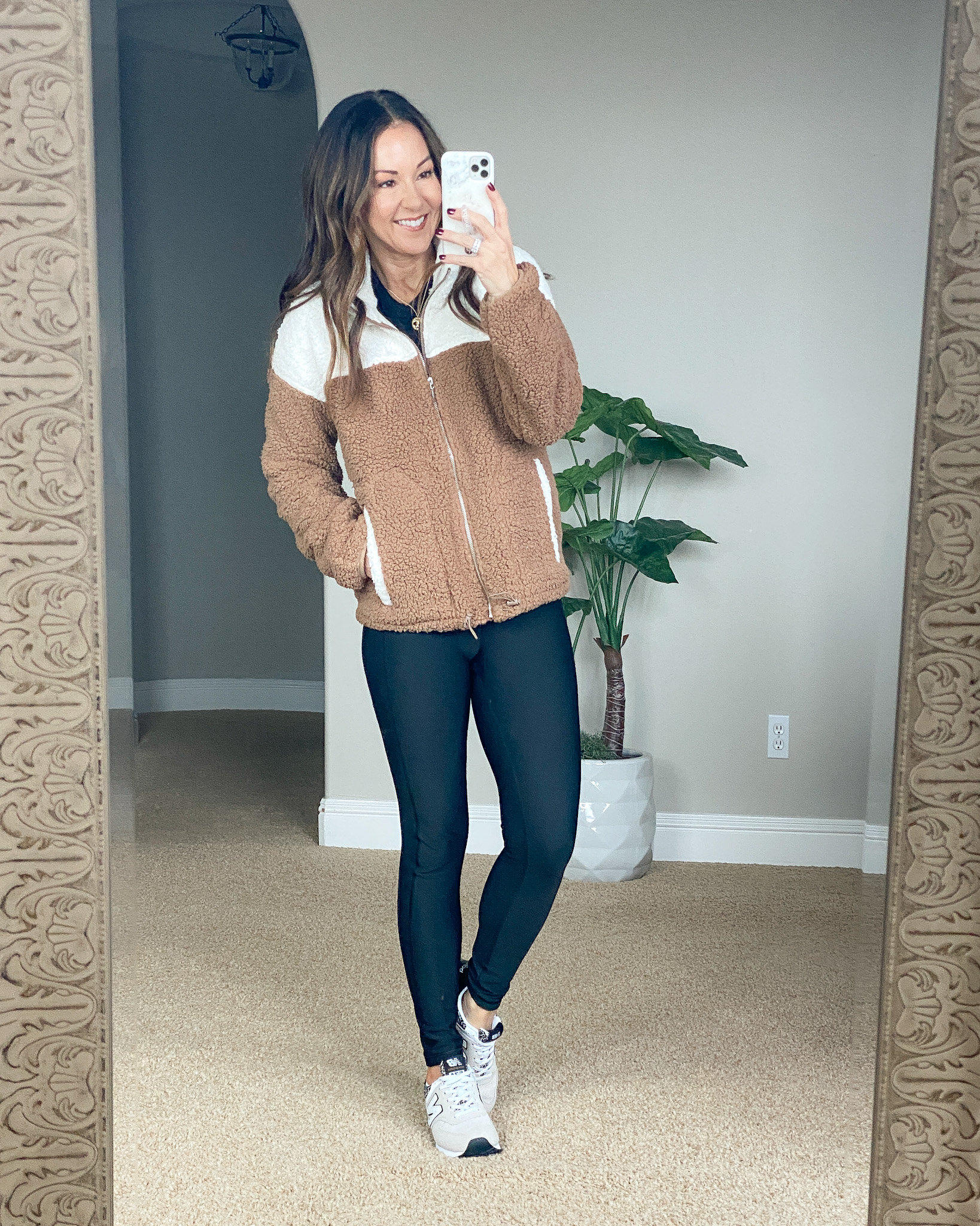 two toned sherpa jacket, brown and tan sherpa jacket, leggings with pockets, new balance sneakers 