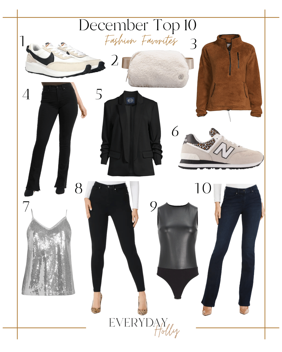 december top 10 fashion favorites, nike waffle sneakers, lululemon belt bag, sherpa half zip, black jeans, black blazer, nike sneakers, sparkle tank, black skinny jeans, black faux leather bodysuit, straight leg blue jeans 