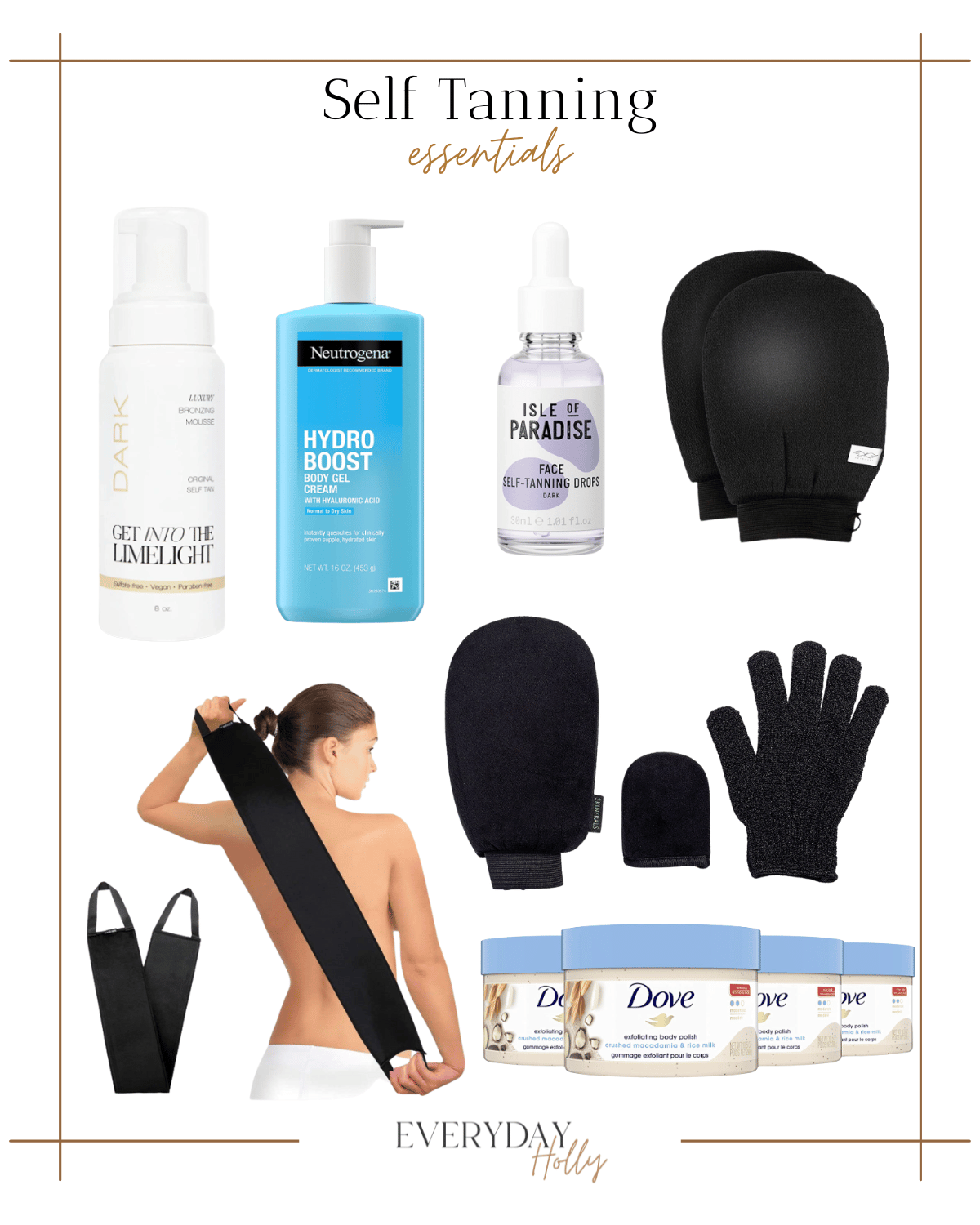 self tanner, self tanning mitts, back tanning mitt, exfoliator, hydrating lotion, get into the limelight self tanner, isle of paradise self tanning drops 