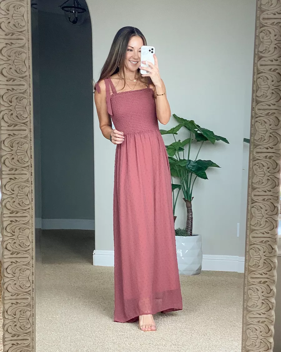 mauve dress, maxi dress, shoulder tie dress, amazon fashion, amazon find, spring dress, spring maxi dress, special occasion dress 