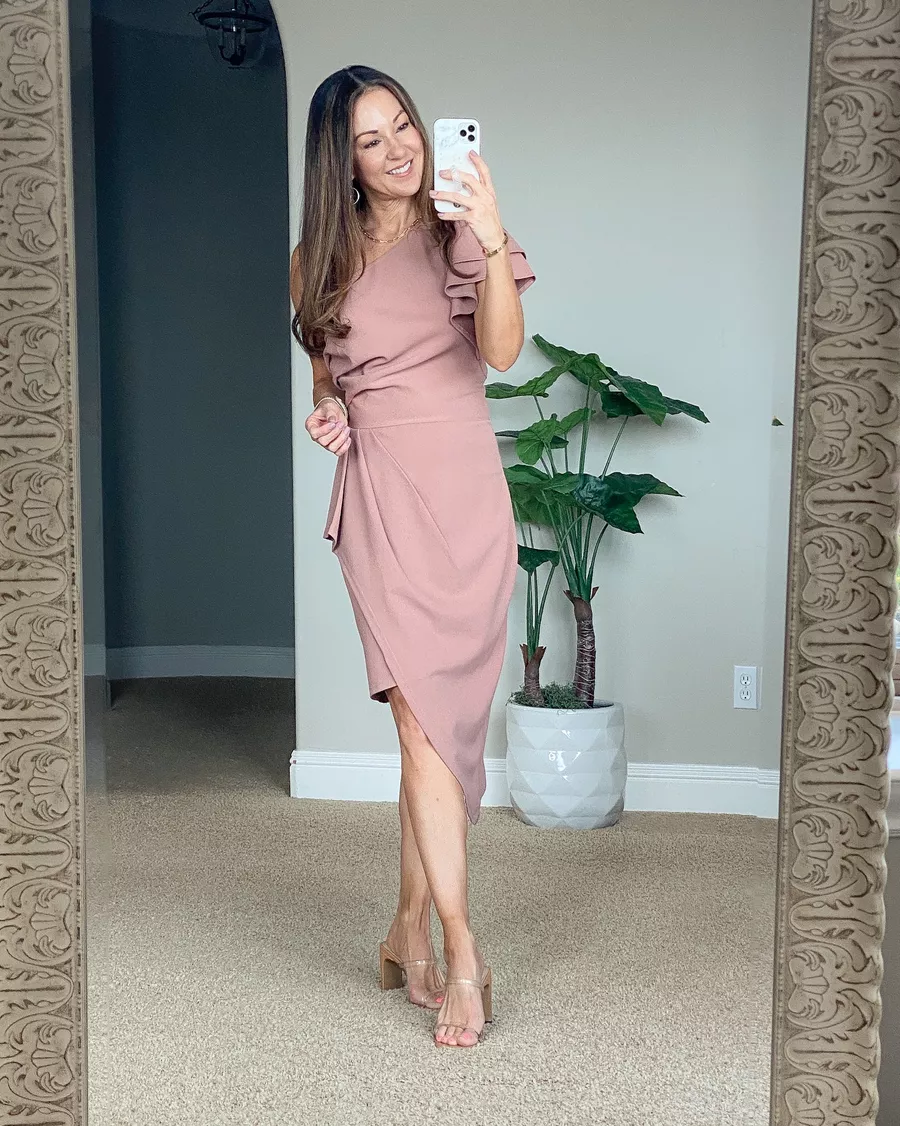 wedding guest dress, one shoulder riffle dress, mauve color, clear strap heels, amazon fashion, amazon style, spring wedding 