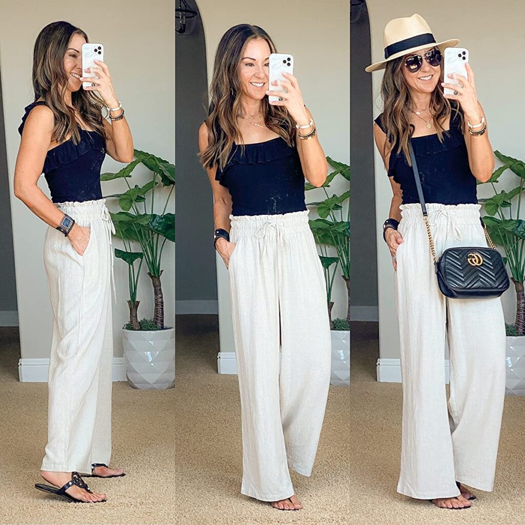 european outfit, beach outfit, bodysuit, linen pants, straight brim hat, crossbody bag, sandals 