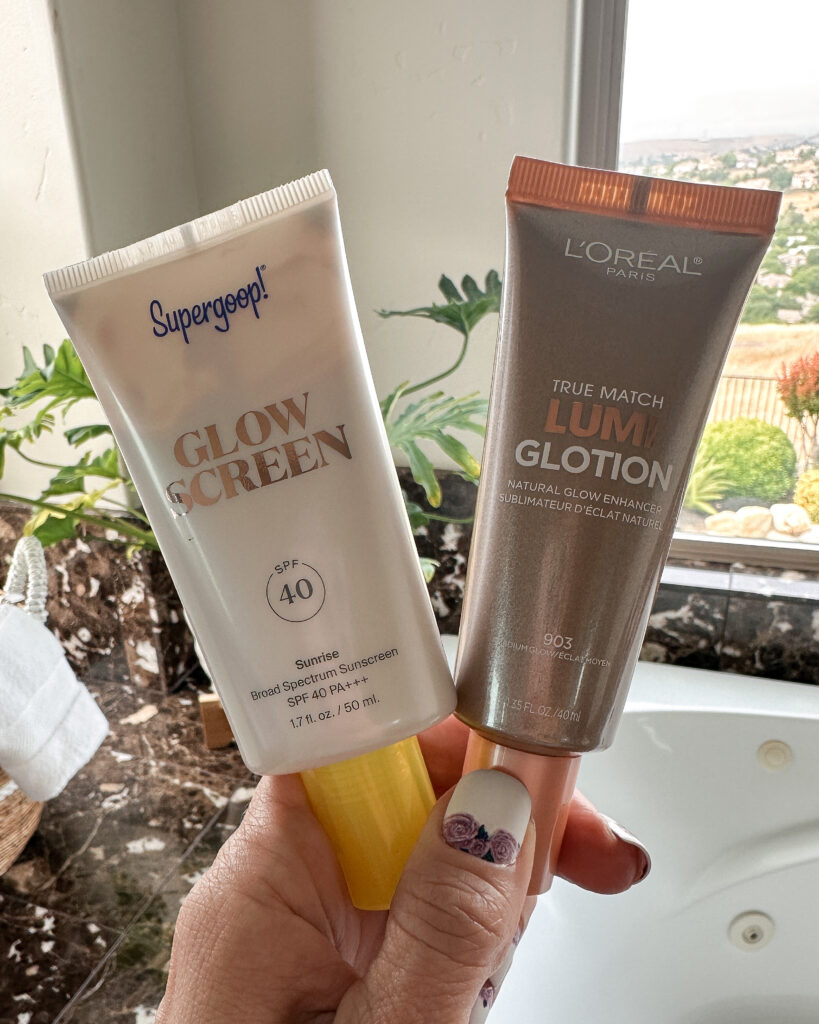 loreal lumi glotion, glowscreen, supergoop