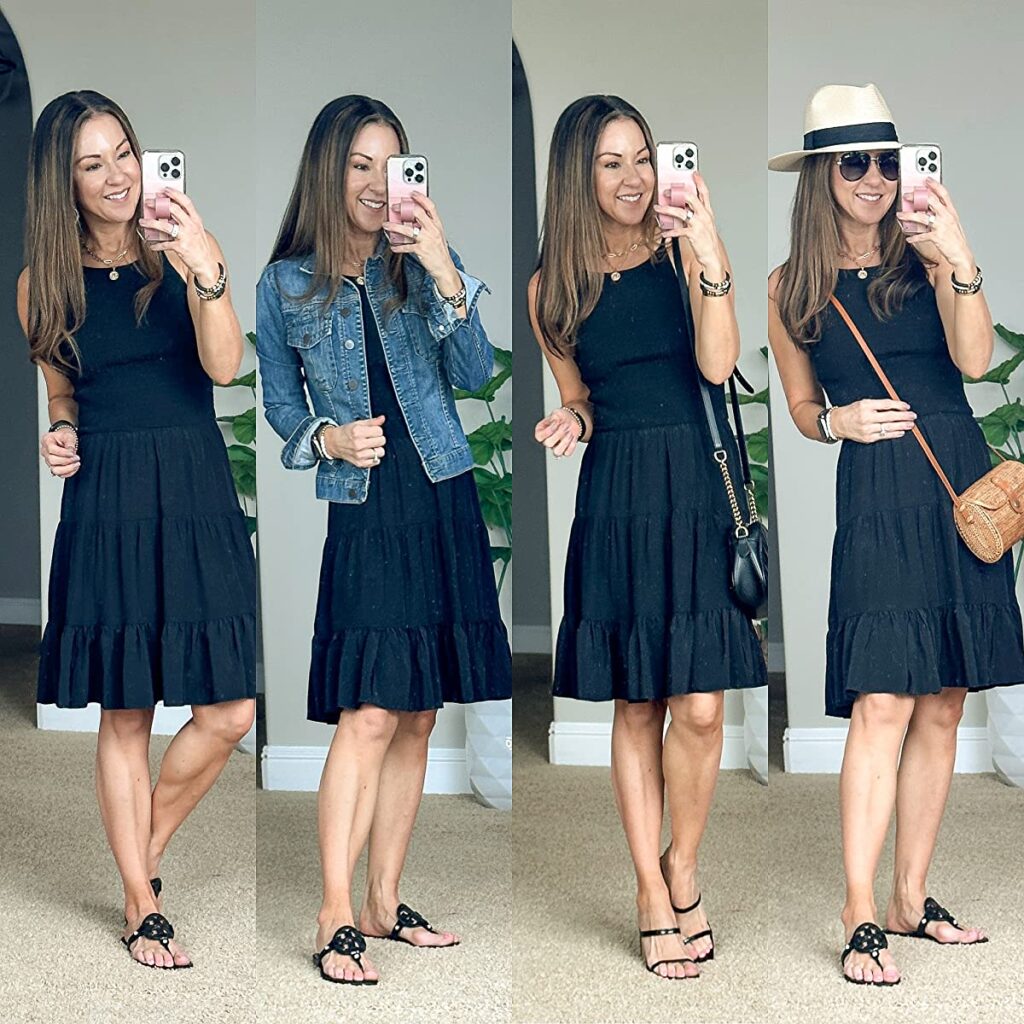 european dress, amazon dress, sun dress, black dress, jean jacket, crossbody bag, brim hat, sunglasses 