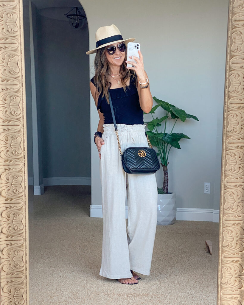 summer outfit inspo, amazon best selling fashions, bodysuit, linen pants, hat, crossbody bag, summer outfit ideas 