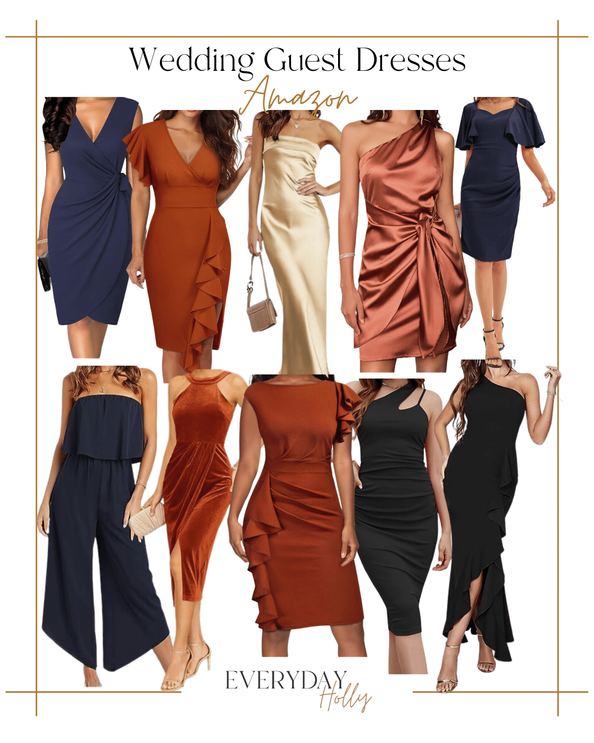 Fall Wedding Guest Dresses and Accessories | #fall #fallwedding #weddingguest #strapless #oneshoulder #maxi #orange #blue #gold #romper #jumpsuit #style #trend #fashion