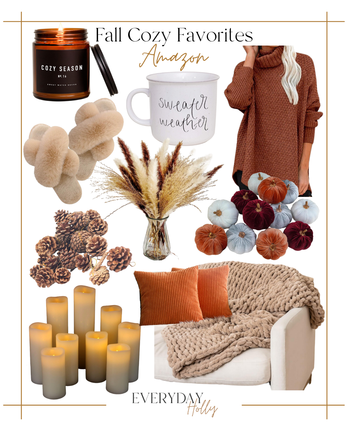 Fall Cozy Favorites | #fall #cozy #favorites #sweater #candle #mug #sweaterweather #vase #pumpkin #floral #fauxfloral #pinecone #slippers #pillow #blanket #homedecor