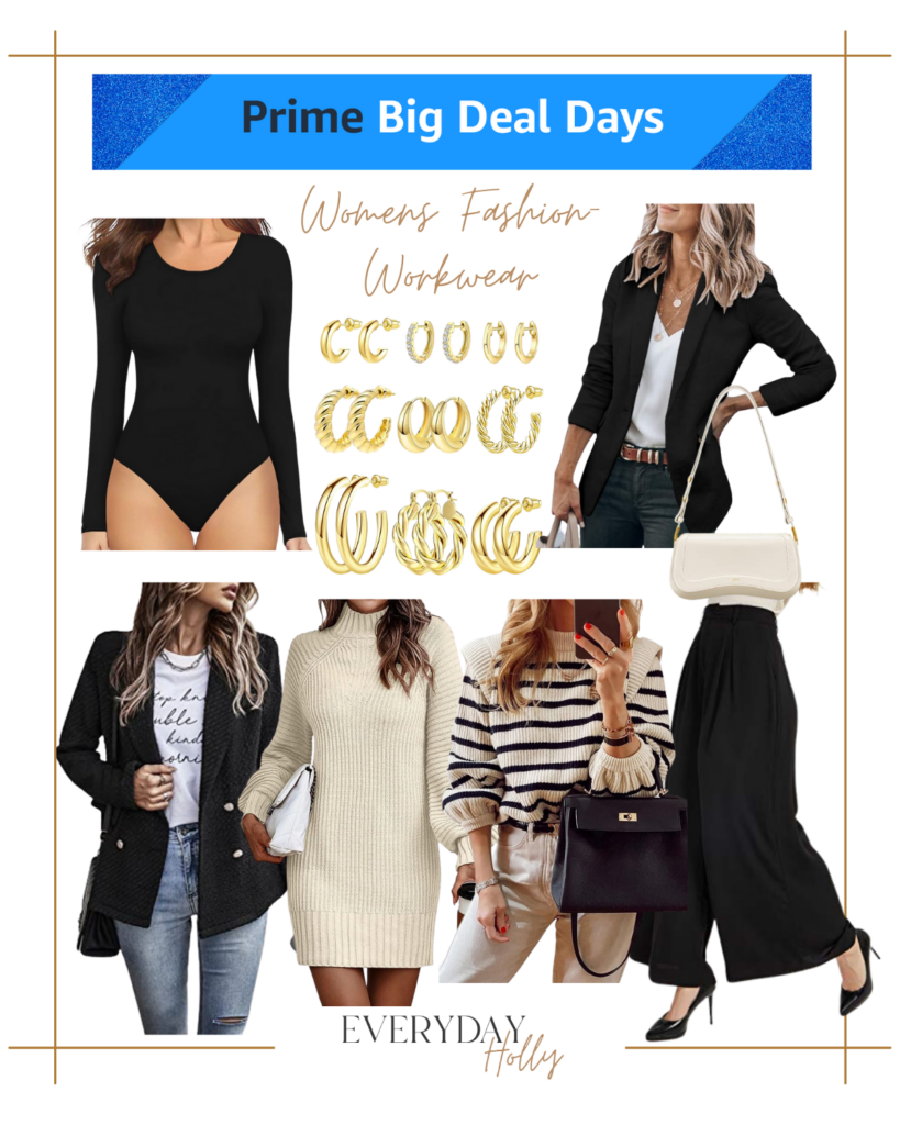 amazon prime big deal days sale, amazon finds. , bodysuit, blazer, earrings, sweater dress, petite trousers