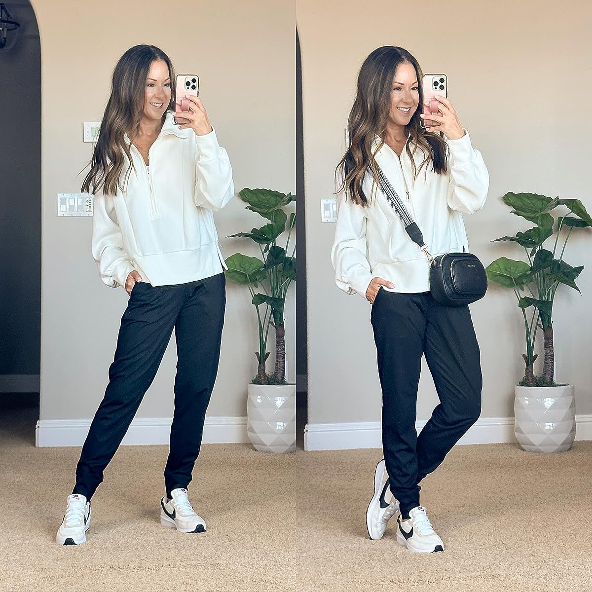 trendy and comfy athleisure styles that you need | #trendy #comfy #athleisure #neutral #black #white #quarterzip #fleece #hoodie #joggers #sneakers #purse