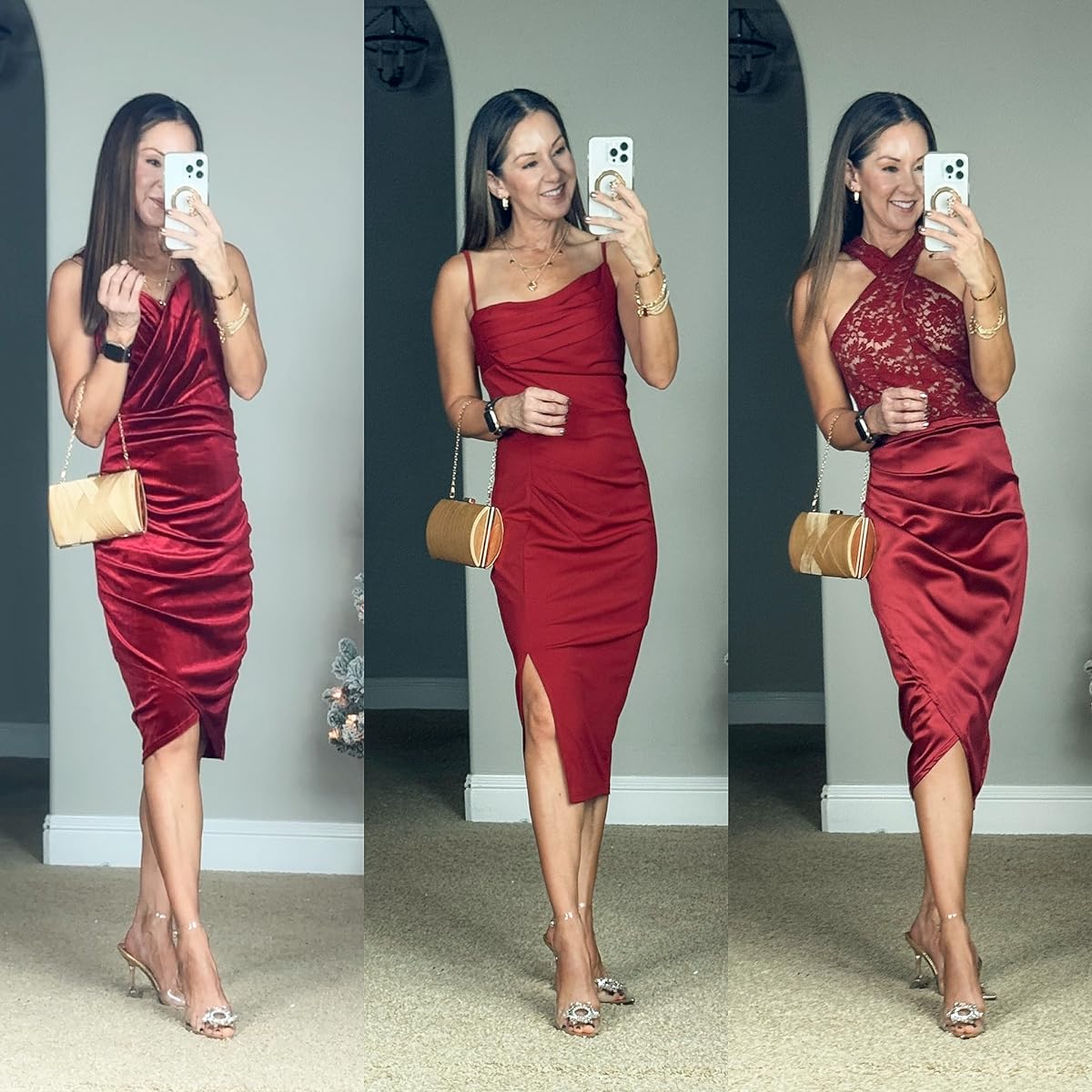 best holiday party styles + host gift ideas | #holiday #holidayparty #holidaypartydress #holidaypartystyle #christmas #christmasparty #reddress #holidaydress #velvet #satin #lace #spaghettistrap #slingbackheels