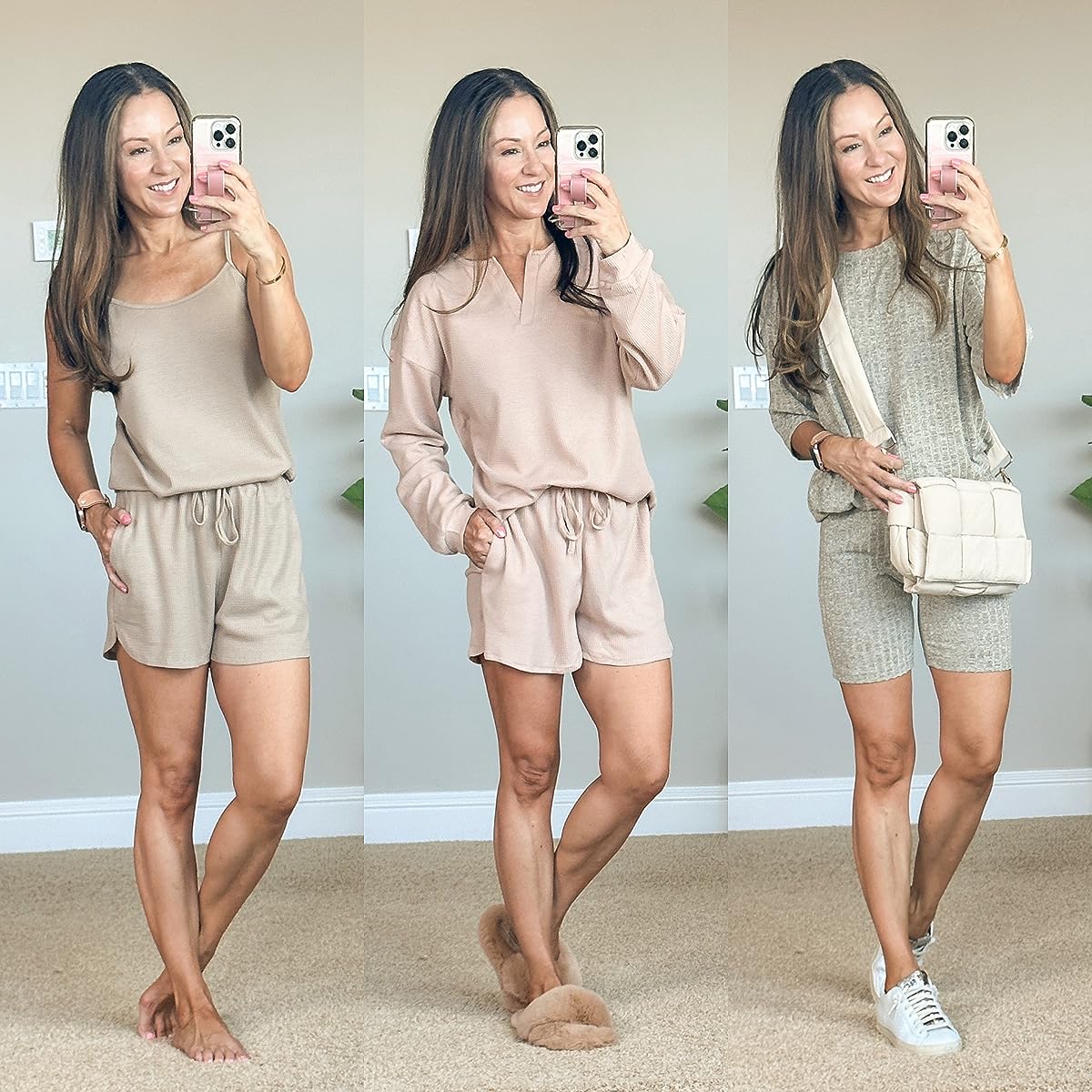 best jammies and loungewear amazon favorites | jammies, pajama sets, pajamas, loungewear, amazon, neutral, neutral loungewear, matching set, short sleeve, long sleeve, ribbed knit, puffer purse