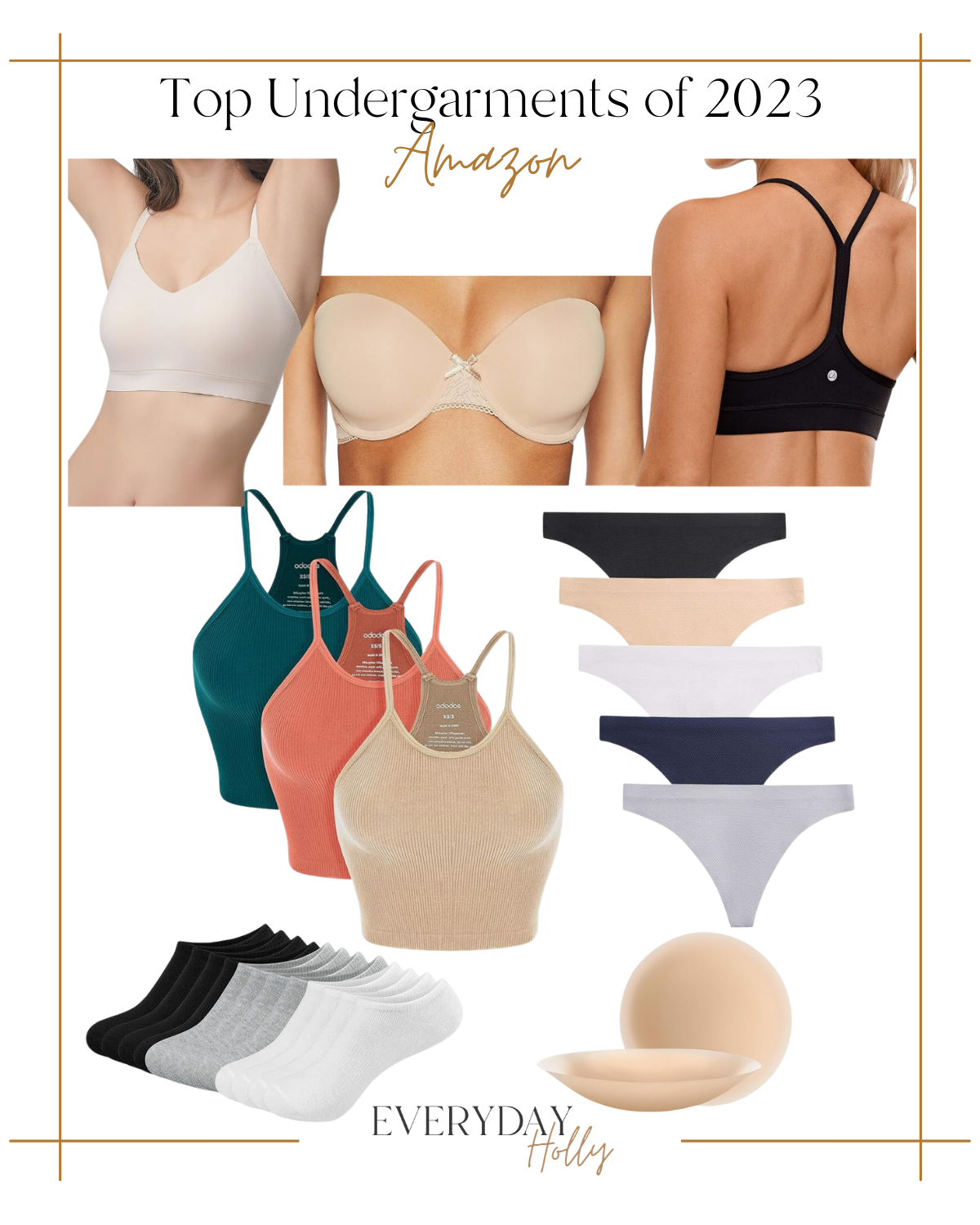 top 23 fashion favorites of 2023 | top 23 of 2023, fashion, fashion favorites, fashion finds, outfit inspo, undergarment, sports bra, strapless bra, tank top, underwear, socks