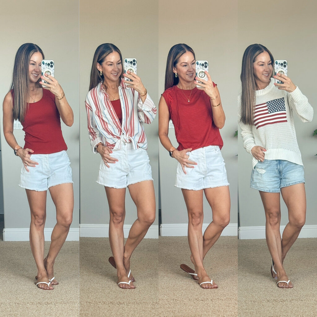 june style recap shop vacation looks, everyday outfits + more | style recap, monthly recap, june outfits, summer outfits, summer outfit inspo, 4th of july, july 4th, red white and blue, summer style, denim shorts