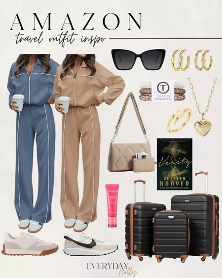 From Summer to Fall: August Outfit Trends You’ll Love | travel outfit, sweatsuit, luggage, sneakers, accessories, gold jewelry