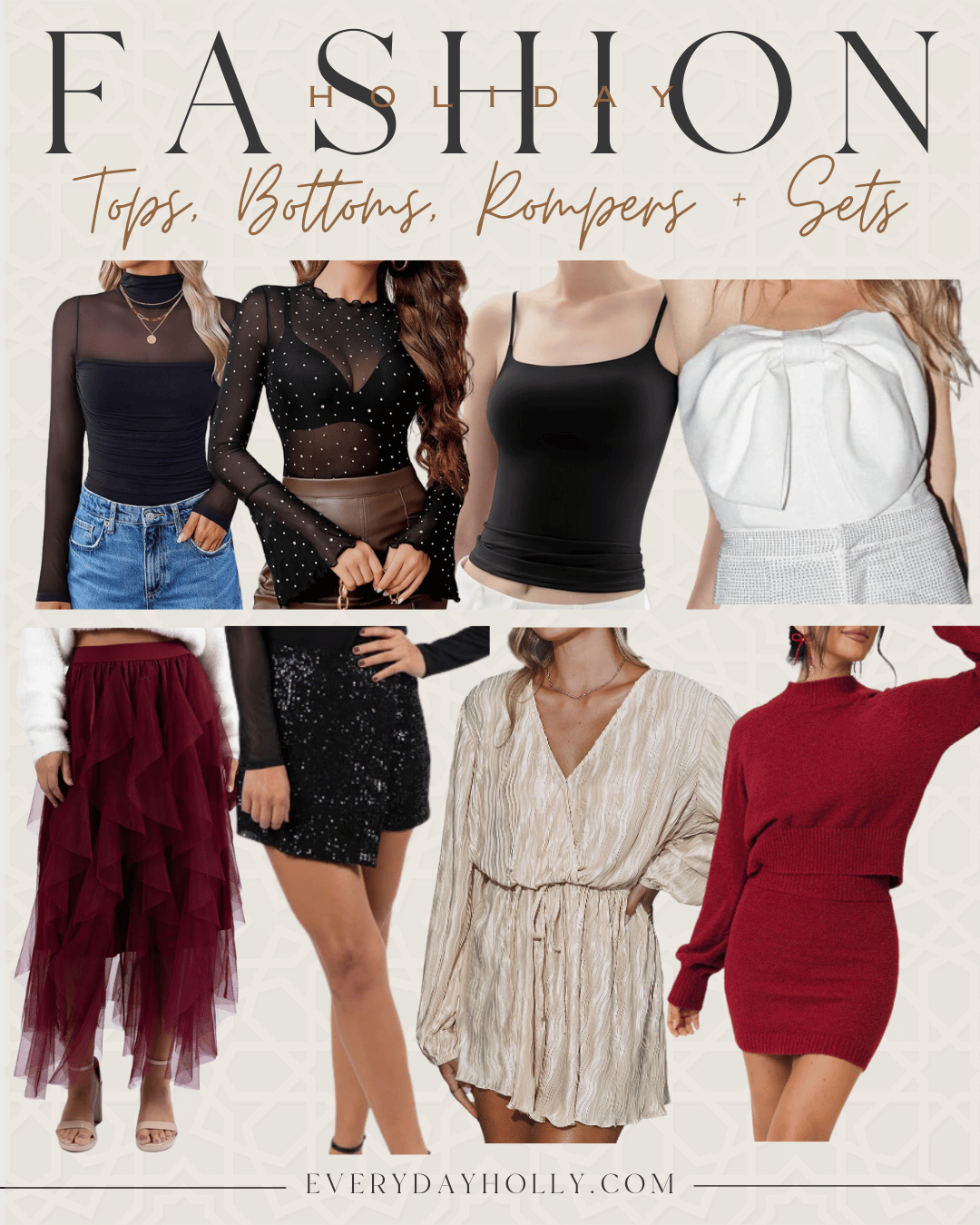 27+ Ways You'll Dress to Impress This Holiday Season | Wedding guest, fall wedding guest dress, holiday, holiday party, holiday looks, sparkly top, mesh top, bodysuit, skirt, sweater set