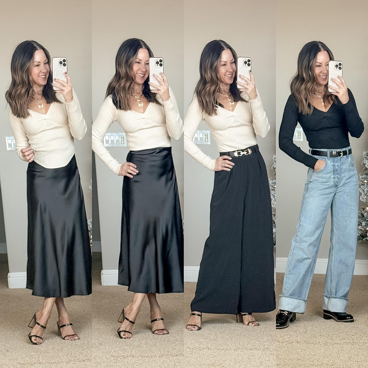 december style recap 51+ stunning winter outfits you can't miss | winter outfit, winter style, winter outfit inspo, fashion GHVHVDN1343028ger, trending fashion, winter layers, satin skirt, denim outfit, wide leg trousers, sweater, neutral fashion, workwear style