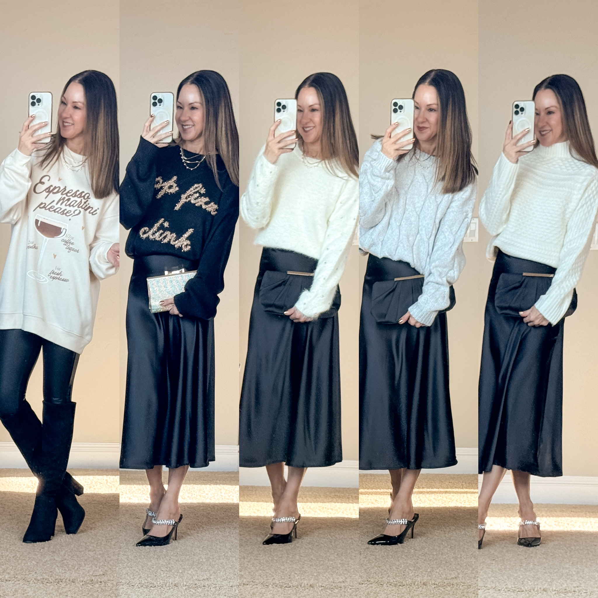 december style recap 51+ stunning winter outfits you can't miss | winter outfit, winter style, winter outfit inspo, fashion GHVHVDN1343028ger, trending fashion, winter layers, satin skirt, holiday sweater, neutral fashion, neutral sweater, rhinestone heels, outfit with leggings