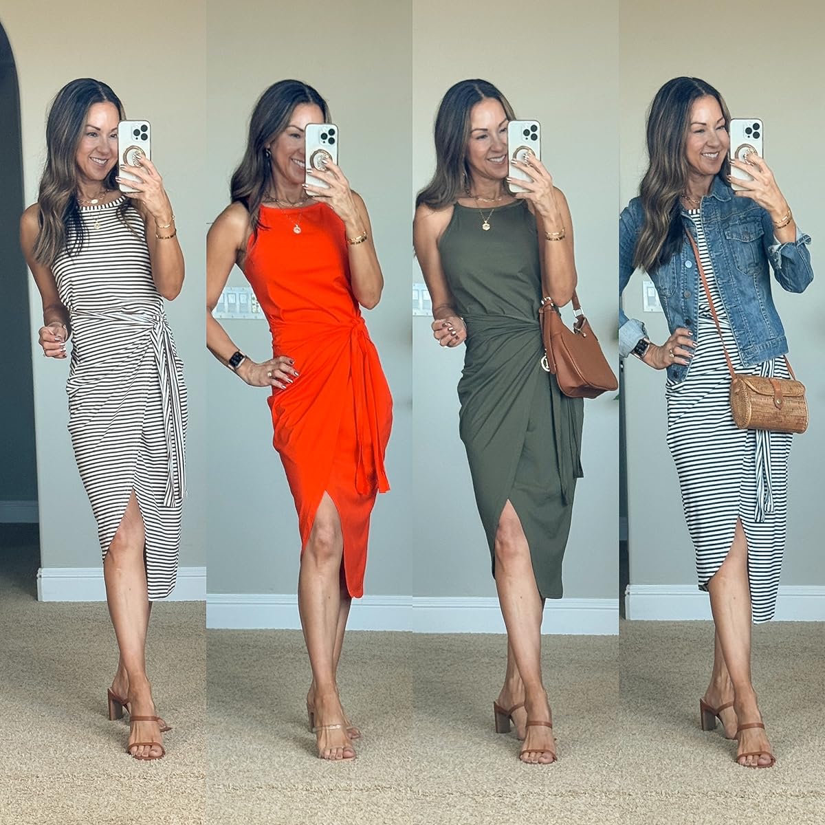 My Top 24 Fashion Favorites of 2024 | outfit inspo, knot dress, tie knot dress, midi dress, date outfit, elevated outfit, heels, strappy heels, purses, denim jacket, vacation outfit