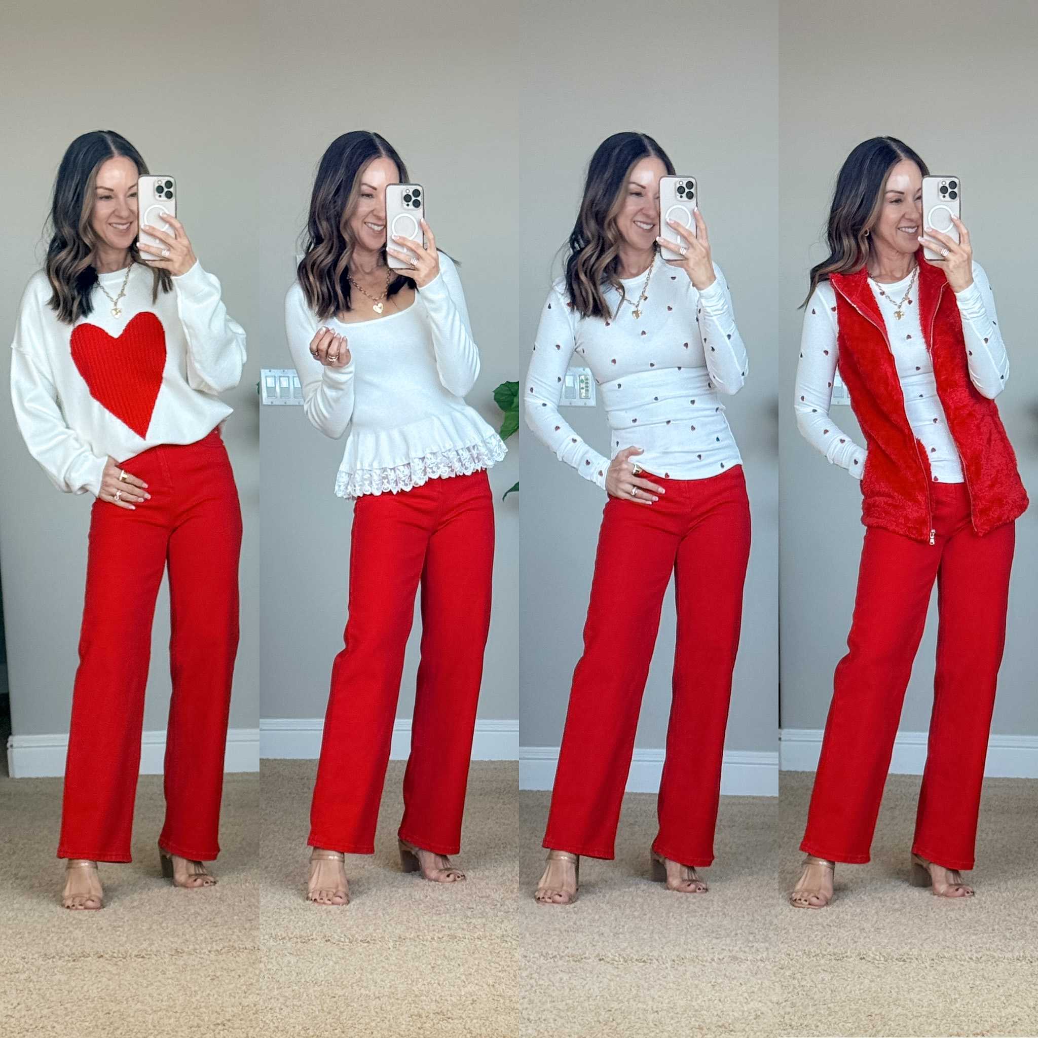 valentines day, heart, red pants, peplum top, sweater belt, 